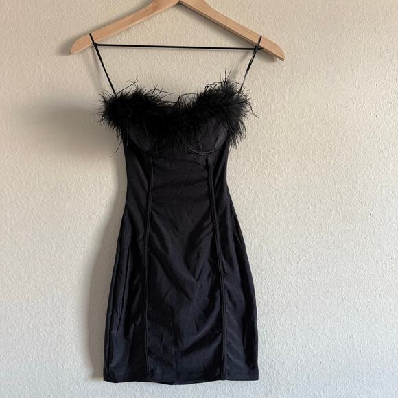 Windsor Tight Mini Dress w/ Feathers and Bustier Strapless Black, Size XS - Picture 1 of 5